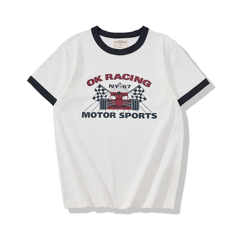 Summer New American Retro Workwear Shirt Short Sleeve 255g Old Bamboo Cotton Color Line Retro Racing
