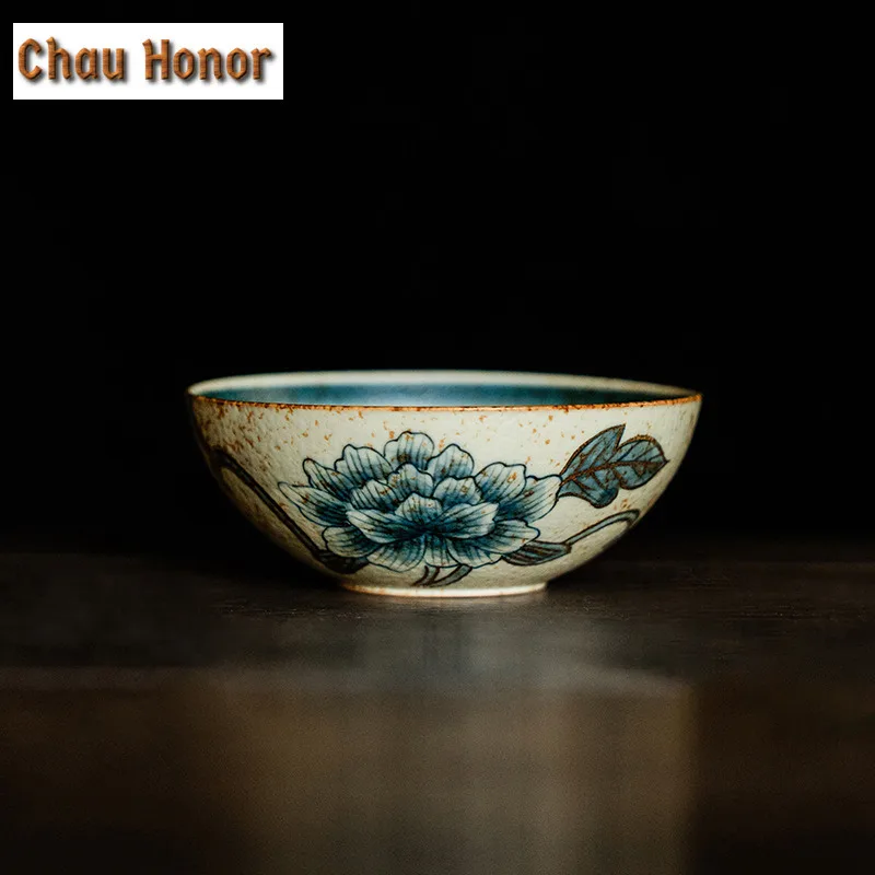 

100ml Blue And White Flint Red Ceramic Teacup Handmade Gold Drawing Peony Host Cup Personal Puer Tea Bowl Chazhan Drinkware Gift