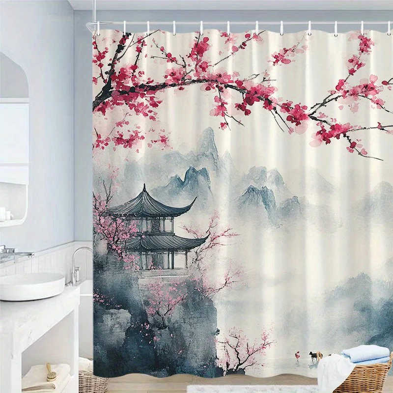 

Китайские чернила, занавеска для душа с цветком сливы, пагода, горное искусство, декор для ванной комнаты, занавески для ванной в восточном стиле для современного домашнего интерьера