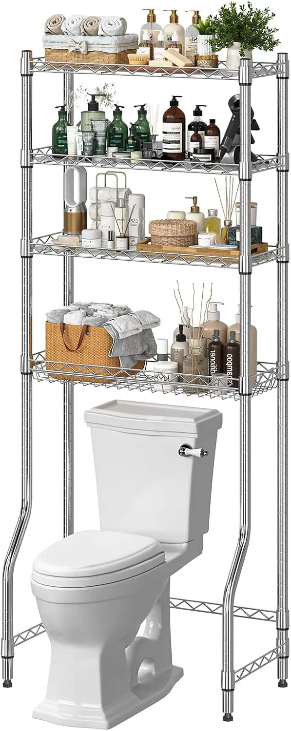 

4-Tier Over The Toilet Storage, Metal Bathroom Shelf with Adjustable Shelves & Basket, Space-Saving