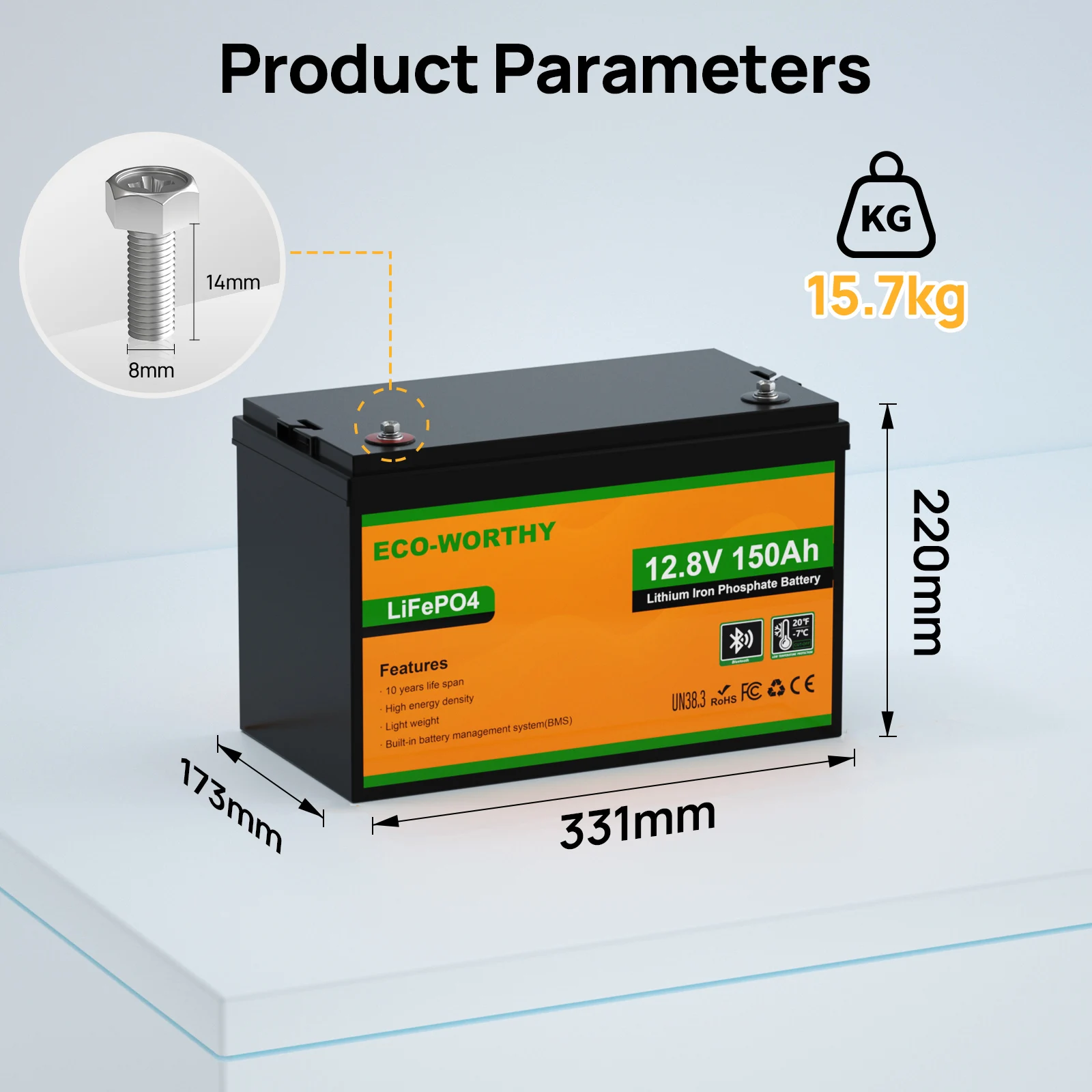بطارية ليثيوم ECO-WORTHY 12V 150AH Bluetooth LiFePO4 مع حماية من درجة الحرارة المنخفضة، مدمجة 120A BMS، مثالية للتصيد