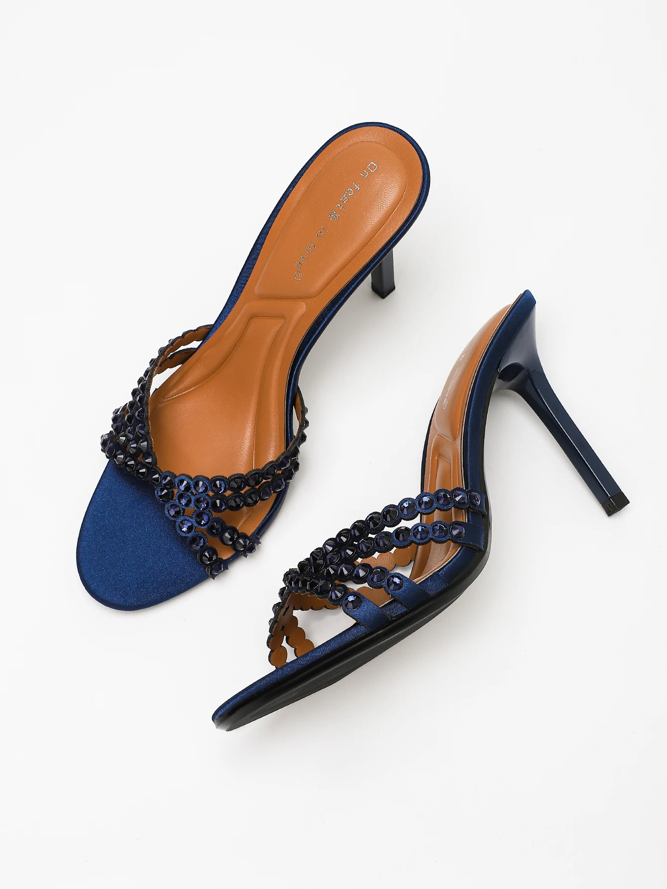 Marineblaue Satin-Sandalen für Damen mit Kristall-Strass-Riemen, eckiger Zehenpartie, Stiletto-Absatz, Mules für Hochzeitsfeier – Detail 3