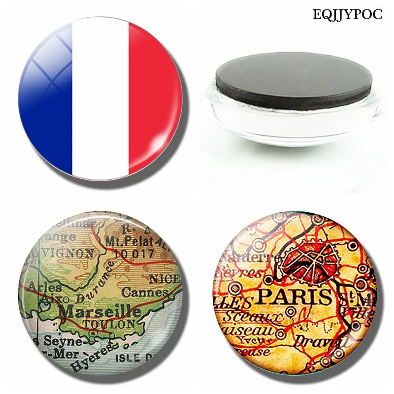 French Flag 30 MM Fridge Magnet France Paris Marseille Lyon Nice Map Glass Dome Magnetic Refrigerator Sticker Home Decoration