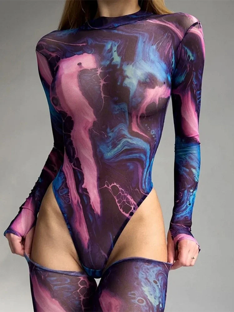 

Tie Dye Sexy Bodysuit Lingerie Long Sleeve Corset Top Women One-Pieces Rave Outfit Bodycon Lenceria Femenina See Through Bustier