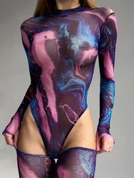 Tie Dye Sexy Bodysuit Lingerie Long Sleeve Corset Top Women One-Pieces Rave Outfit Bodycon Lenceria Femenina See Through Bustier