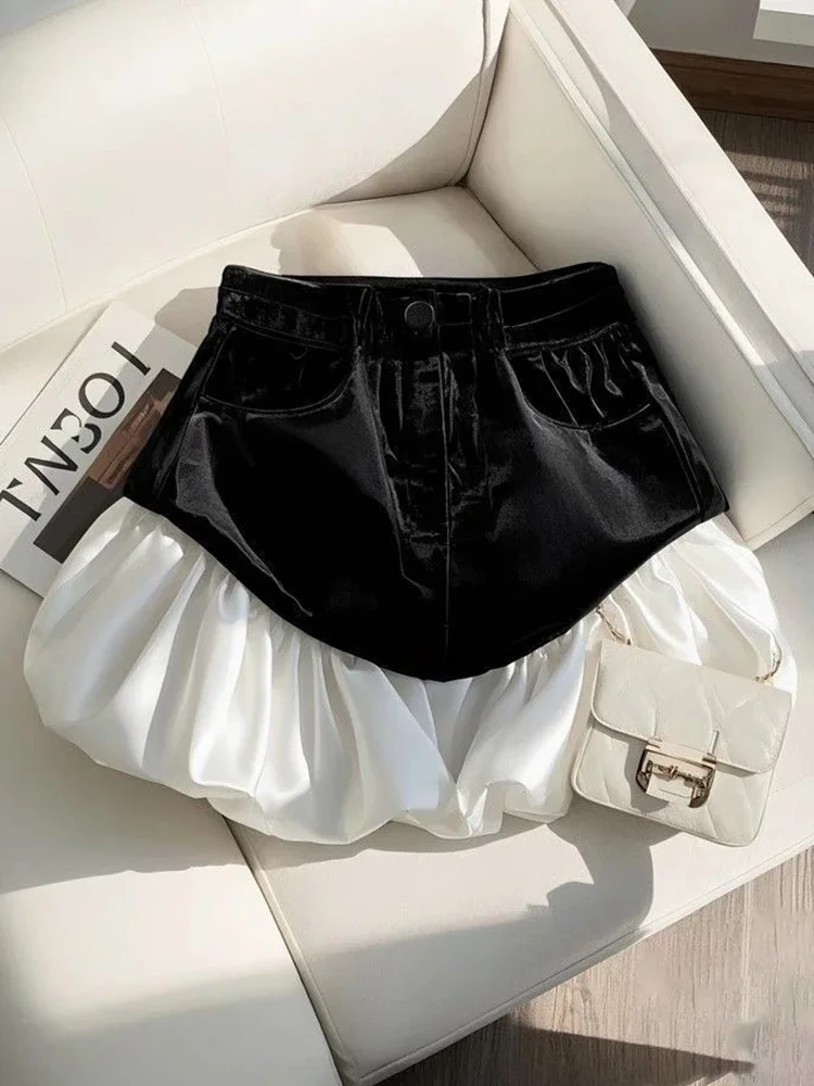 Korean Velvet Patchwork Skirts Women Casual High Waist Elegant Ball Gown Mini Skirt Vintage Design Lady Sweet Kawaii Skirt