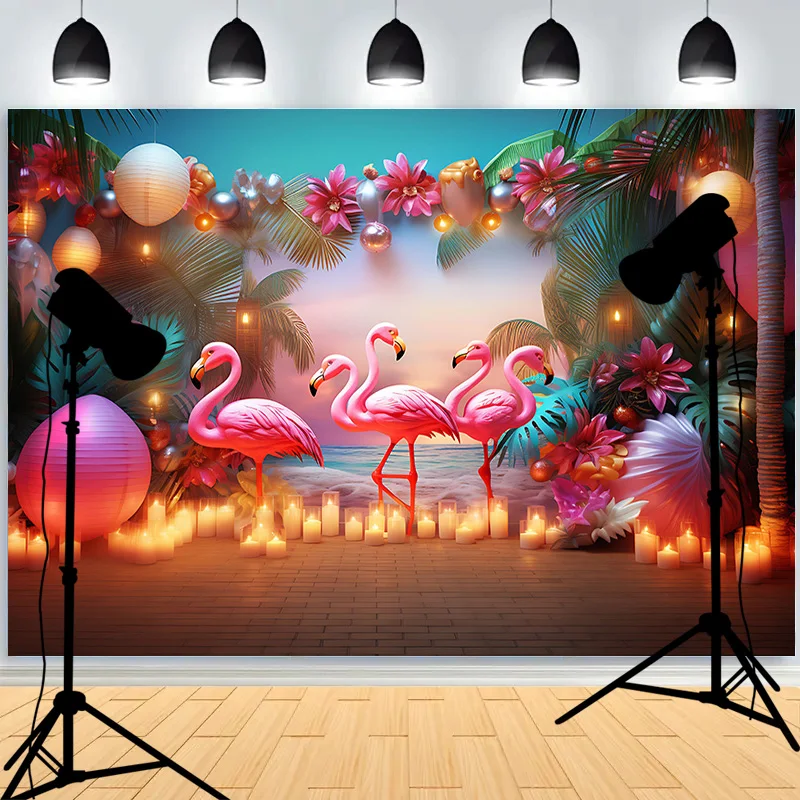 Tropical Beach Palm Leaf Garland Seashells Photography Backdrops Props Happy Birthday Party Decoration Flamingo Background ZL-02