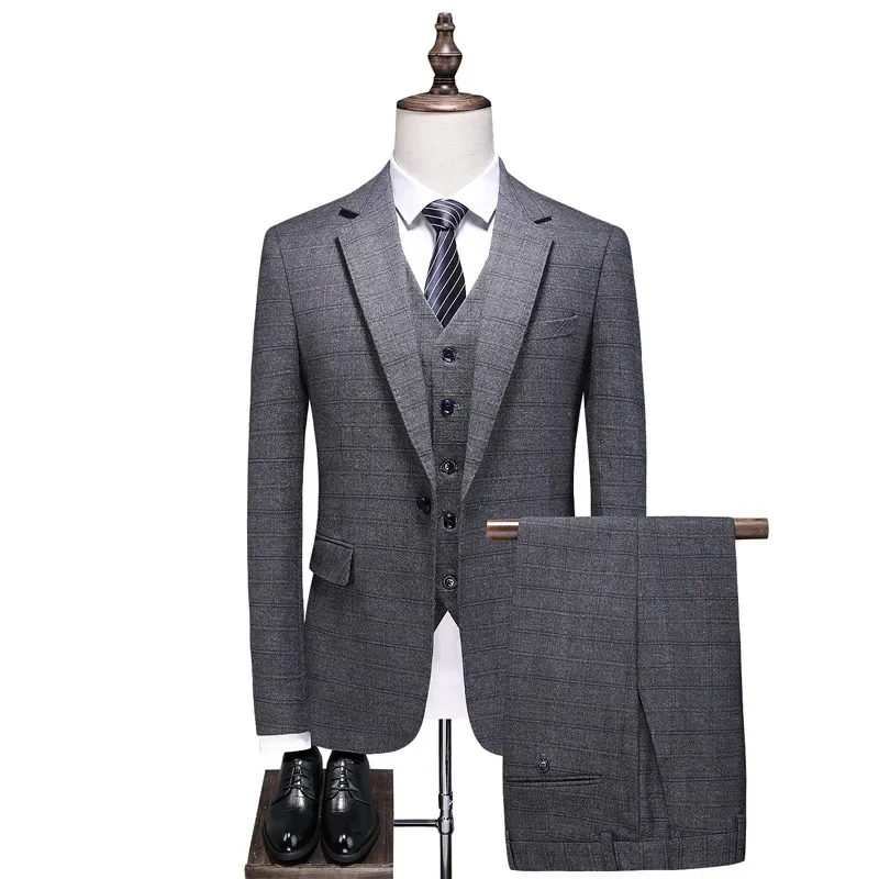 

Men's Checkered Suit Single Breasted Formal Wedding Bride Entertainment Business Office Men's Suit 3-piece Suit Set