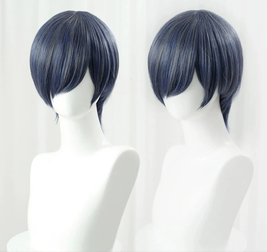 Anime Ciel Phantomhive Cosplay Perücke, 30 cm, kurze, blau-graue, gemischte Farbperücken, hitzebeständige synthetische Perücken