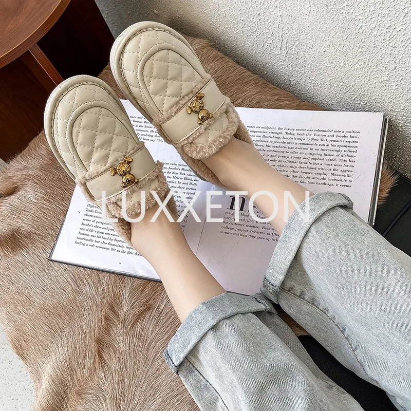 Plush Lefu Shoes for Women 2024 Winter New Shallow Mouth Casual Versatile Warm Flat Shoes for Women Lefu Shoes for Women