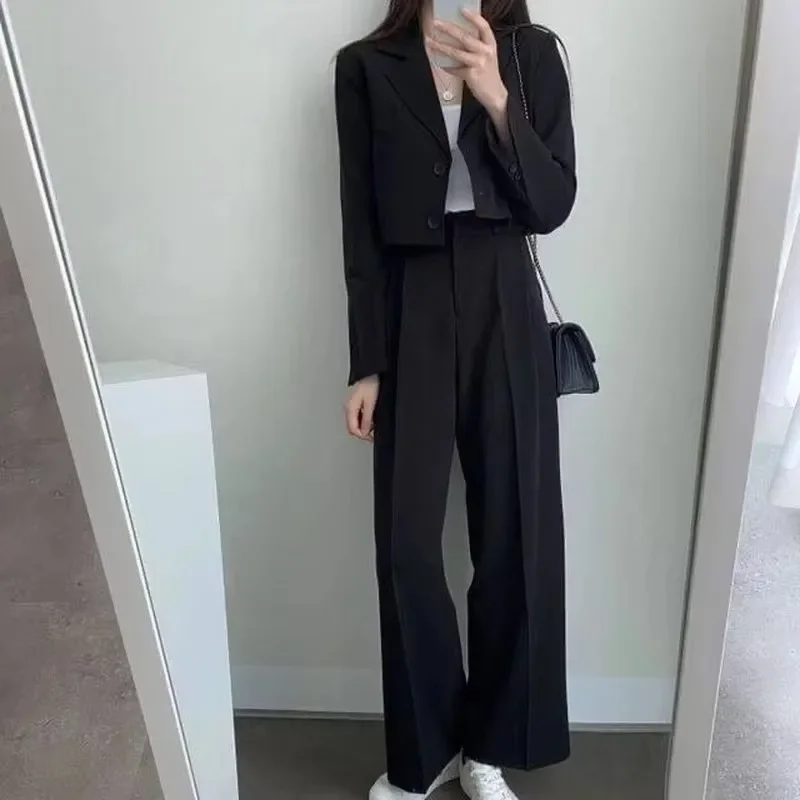 DAYIFUN Women Solid Black Pant All Season Chic Crop Sexy High Waist Trousers Wide Leg Fashion Female Versatile Casual Outfit