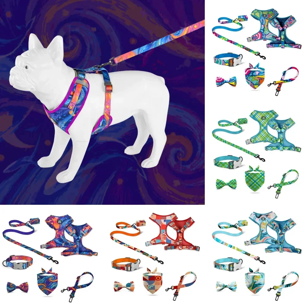 6pcs Set Reflective Pet Dog Harness Adjustable Puppy Cat Harness Medium Large Naughty Dog Vest For Chihuahua Small Large Dogs