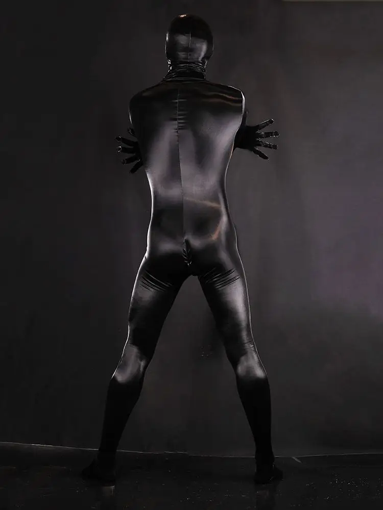 Unisex Shiny PU Leather Shoulder Zipper Catsuit Tights Pantyhose Bodystocking Cosplay Zentai Open Crotch Bodysuit Sexy Conjoined