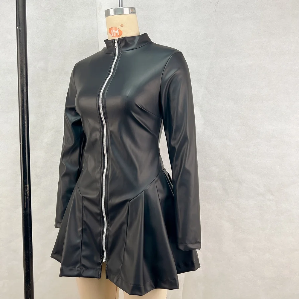 Zeyla-vestido de manga larga de cuero PU, cuello alto, cremallera frontal, dobladillo plisado, corte ajustado, informal, uso diario, trajes de fiesta a la moda