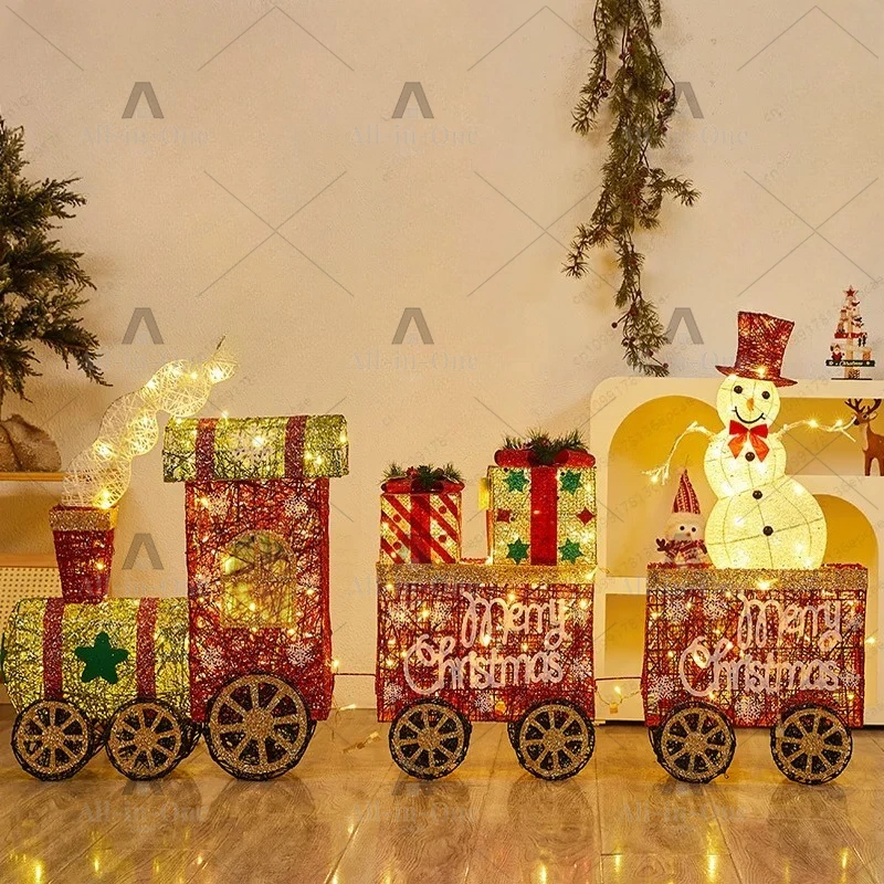 Christmas decorations wrought iron train luminous snowman pulling gifts cartoon train ornaments shop window arrangement