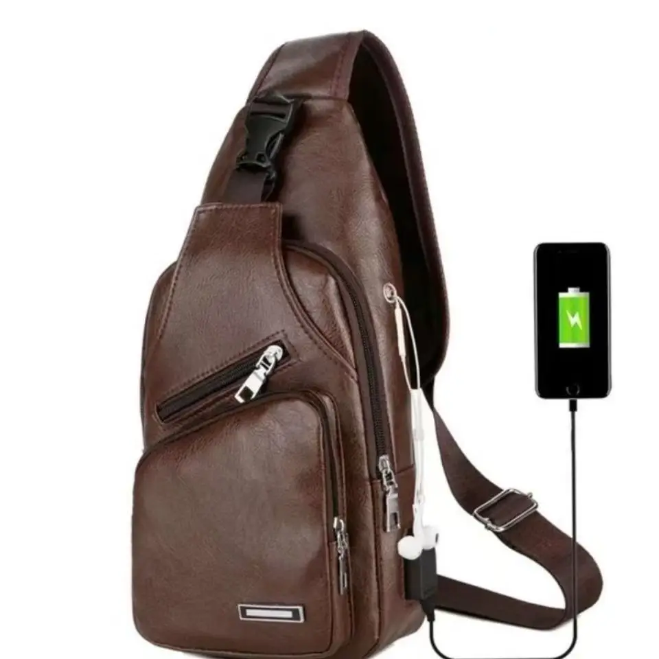 Bolso de pecho a la moda para hombre, bolso cruzado de cuero PU con carga USB para ocio, bolso de pecho antirrobo con una sola correa y orificio para auriculares