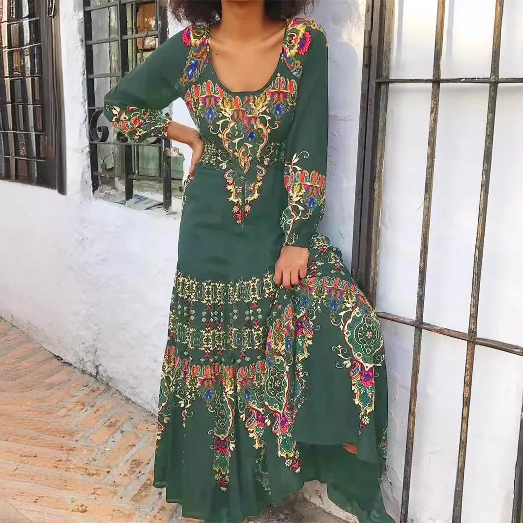 فستان طويل أنيق بأكمام طويلة وطباعة، برقبة على شكل حرف U، فستان شاطئ فضفاض بخصر مرن من البوليستر، مناسب لفصلي الربيع والخريف