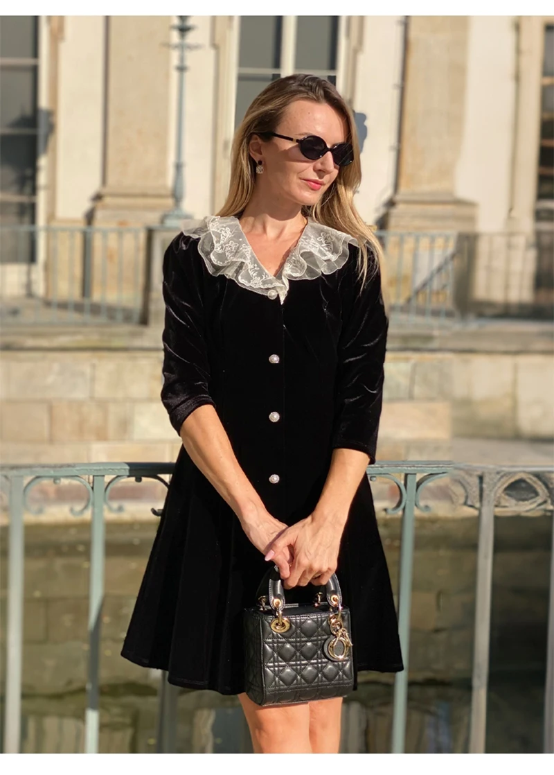 فستان نسائي مخملي من الحرير الطبيعي 100% مع حواف من الدانتيل، متوسط الطول، مناسب للترفيه في الهواء الطلق، مريح وفاخر. #3