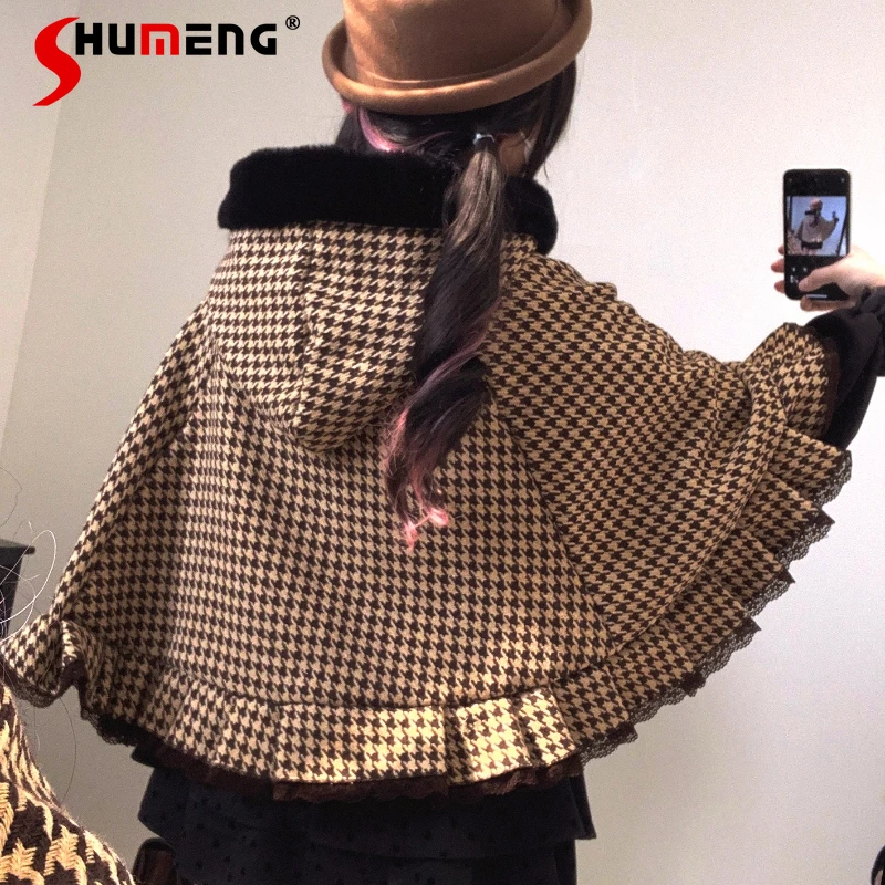 

Japanese Rojita Cloak Autumn Winter Fluffy Balls Sweetheart Houndstooth Hooded Fleece-Lined Short Ponchos Coat Kawaii Clothes