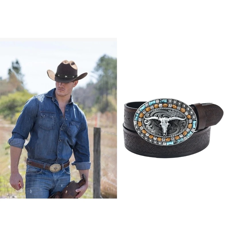 Wear-Resistant Man Belt with Relief Head Buckle Male Coat Trouser Waistband