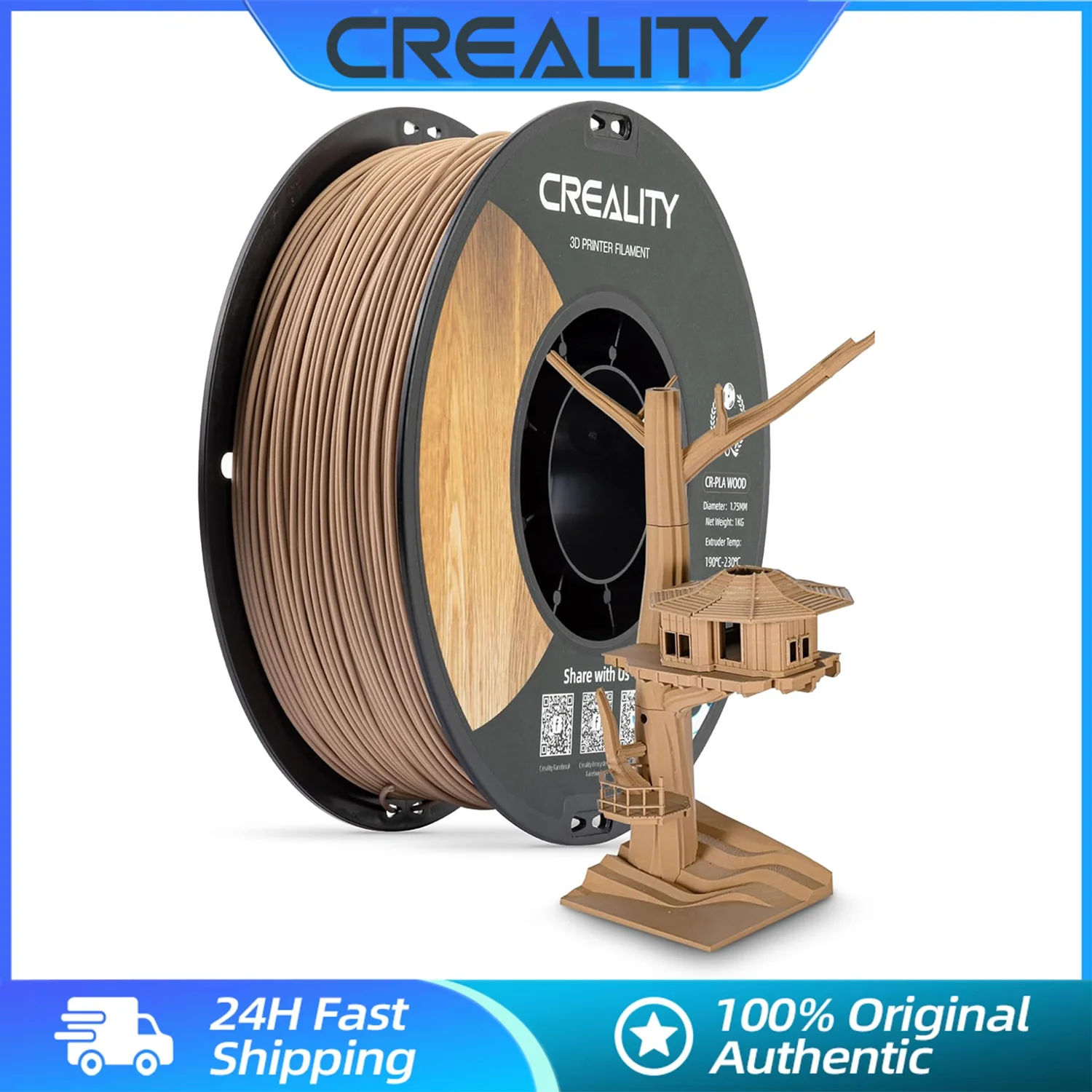 

Creality 3D Wood Filament PLA Нить для 3D-принтера 1,75 мм Гладкая шелковая текстура Прочность 1 кг (2,2 фунта)/для всех принтеров FDM (дерево)