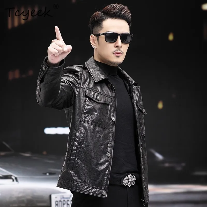 Tcyeek 100% Top Layer Cowhide Jacket High Quality Middle-aged Mens Autumn Oil Wax Coats Genuine Leather Jacket for Man 2026 가죽점퍼