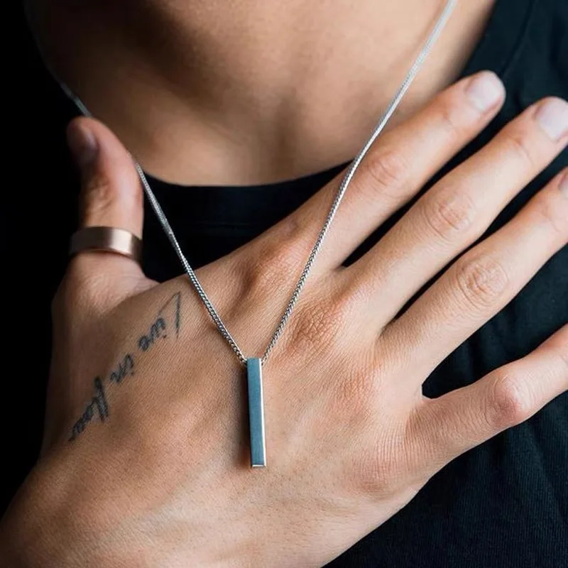 

Popular Classic Brand Men's Stainless Steel Keel Chain Necklace Simple Smooth Faced Cube Vertical Pendant