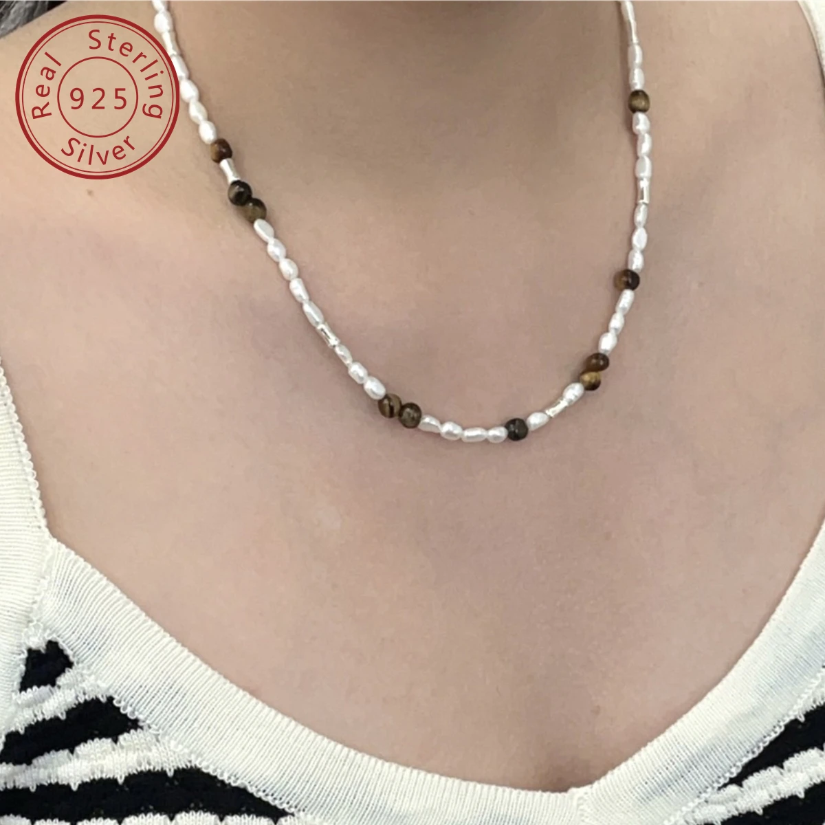 925 silver natural Baroque freshwater pearl tiger eye stone beaded necklace, French retro, simple senior feeling