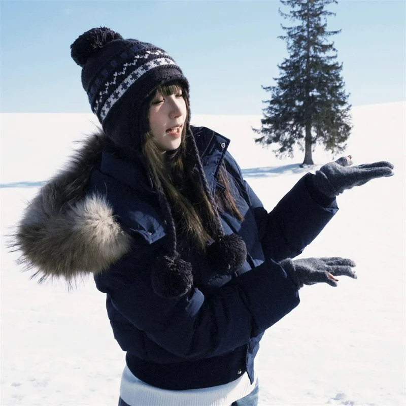 2026 Winter Women Solid Hooded Big Fur Collar Short Puffer Coat Warm Cropped Cotton Jacket For Student