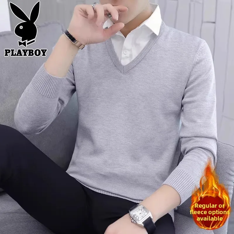 

Мужской вязаный свитер с воротником-стойкой, имитация двухслойности, модный базовый слой, зимняя новинка, приталенный крой, на флисовой подкладке, повседневная одежда