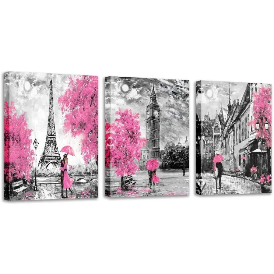 

Black and White Wall Art Girls Pink Paris Theme Canvas Prints Eiffel Tower Wall Paintings London Big Ben Pictures for Bedroom L