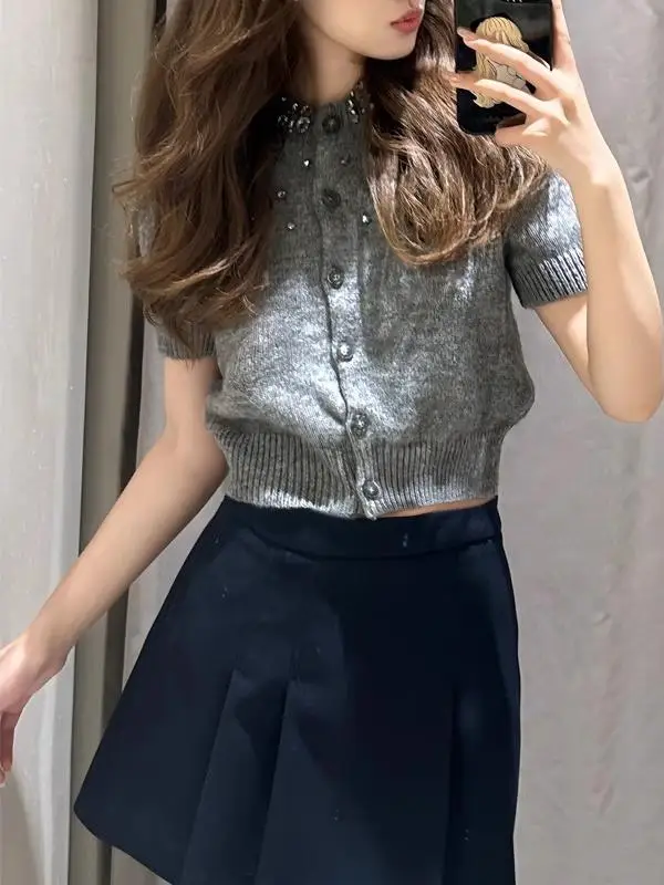 

Новое поступление весны 2024, женский вязаный кардиган-джакет с украшением из ювелирных изделий, корейский свободный крой, обычный све