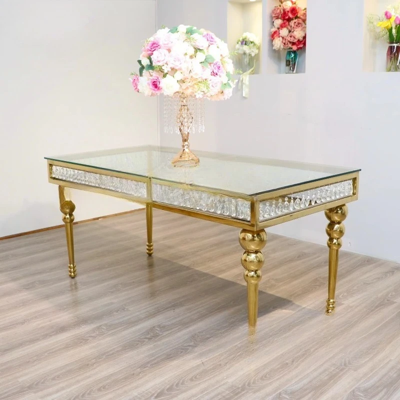 Factory Custom Luxury Gold Stainless Steel Rectangular Glass Wedding Decoration Party Event Dining Table and Chairs