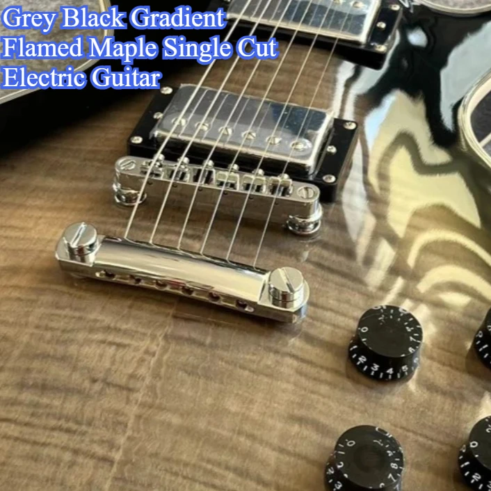 LP0S Grey Black Gradient Flamed Maple Single Cut Electric Guitar Dual Chrome Pickup Black Knobs Solid Body Guitar New Hot Unisex