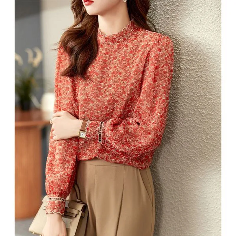 Literary Artistic Retro Thin Floral Chiffon Lace Stand Collar Chinese Style Women Blouse Fold Lantern Sleeve Loose Spring Summer