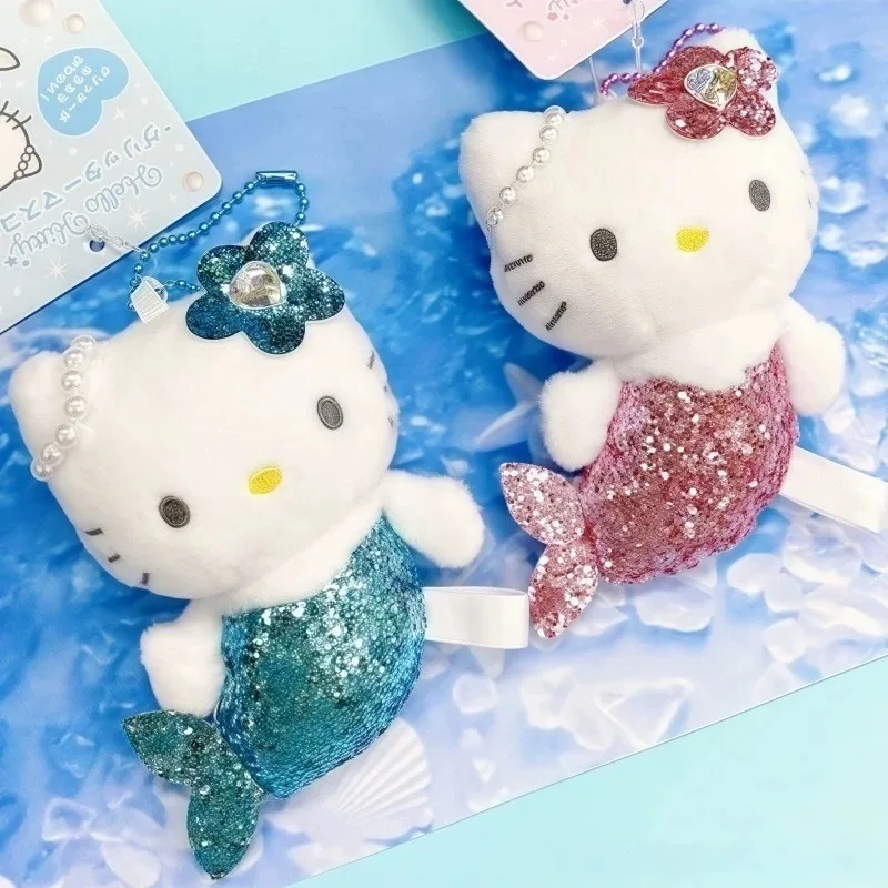Sanrio Shiny Mermaid Hello Kitty Plush doll Keychains blink pink Kitty cat toy Pendant Anime Cartoon Mermaid Plushie Key ring
