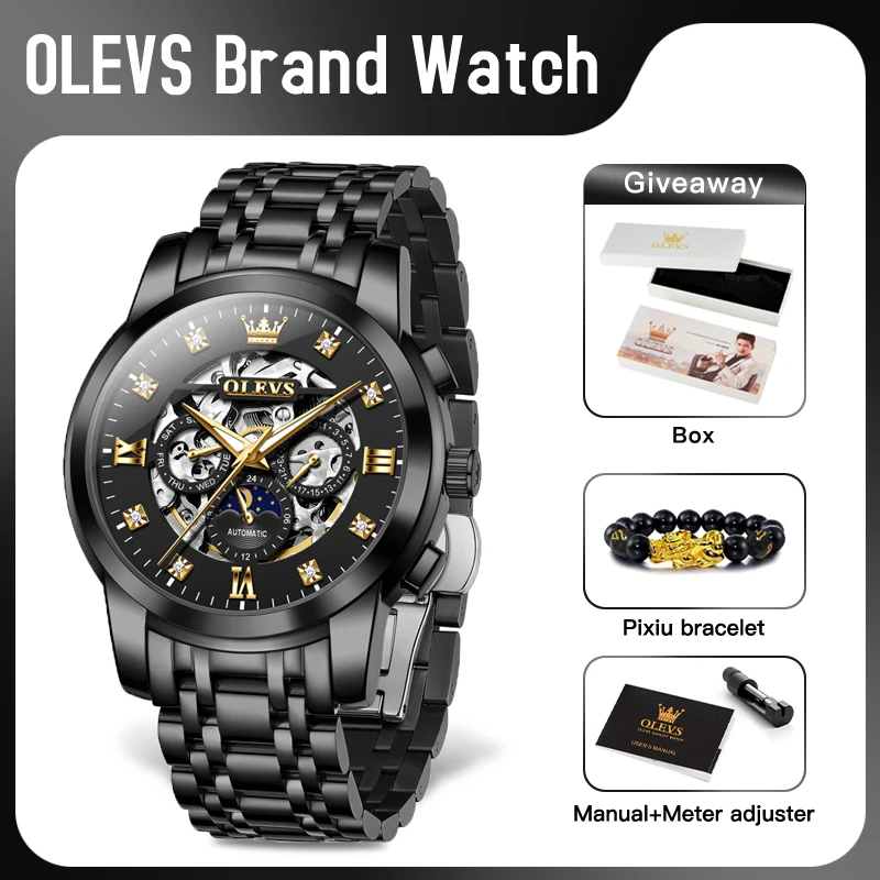 OLEVS 6721 Mens Watch Luxury Moon Phase Automatic Mechanical Watch For Man Stainless Steel Waterproof Luminous Watch With Box