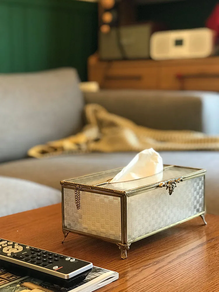 Light luxury retro brass pattern glass tissue box living room creative dining room pumping carton napkin box