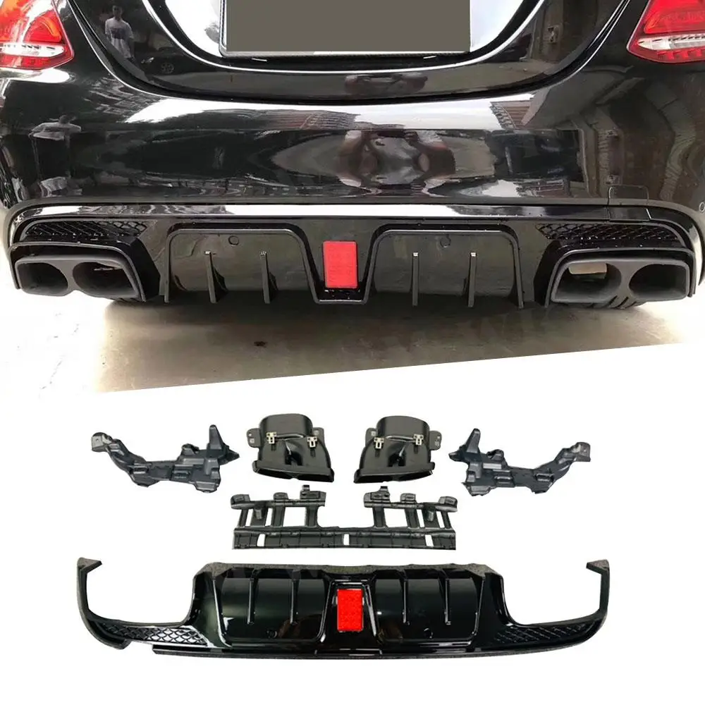 Car Rear Lip Diffuser Led Light with Exhaust Tips for Benz C Class W205 C200 C300 C63 AMG 4 Door 2015-2019 ABS Bumper Guard Car