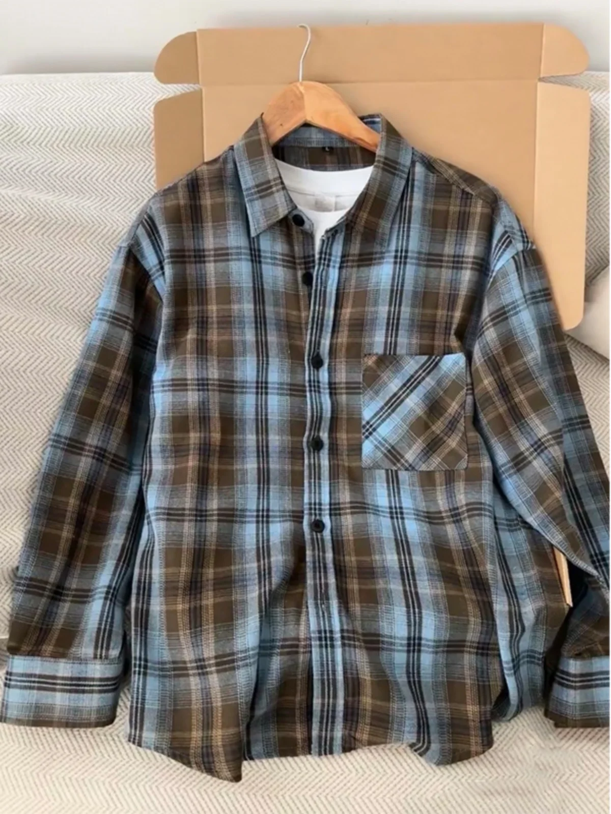 

Retro American Plaid Long Sleeve Shirt Men's Autumn Winter Base Layer Shirt Cleanfit Flocking Outerwear Youth Trendy