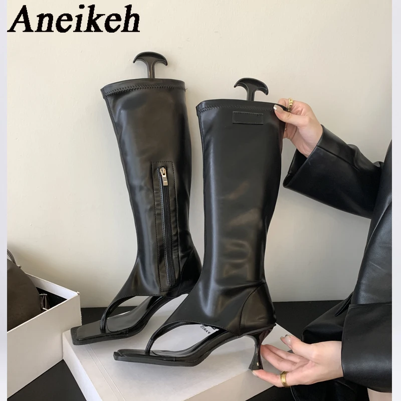 Aneikeh2024 Sexy Patent Leather Square Toe Sandals Boots Women\'s Thin Heel Side Zipper Sewing Chelsea Knee High Boots Party Club