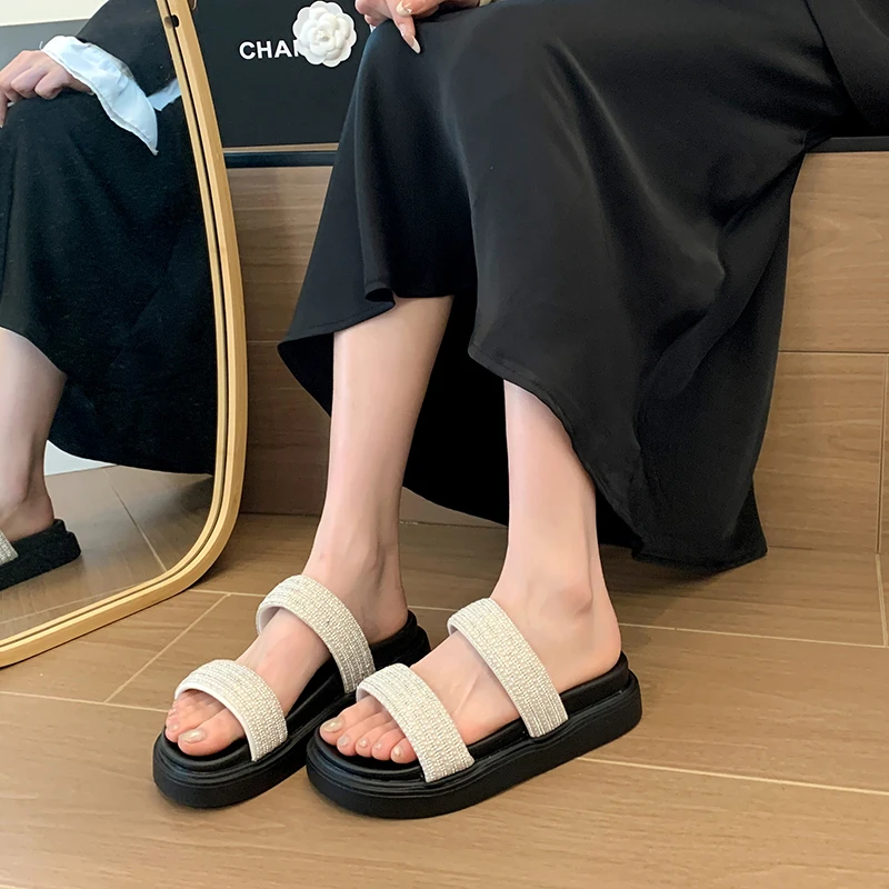 Zapatillas De Cristal De Lujo Para Mujer, Chanclas De Playa Con Punta Abierta, Sandalias Planas Para Exteriores, 2024