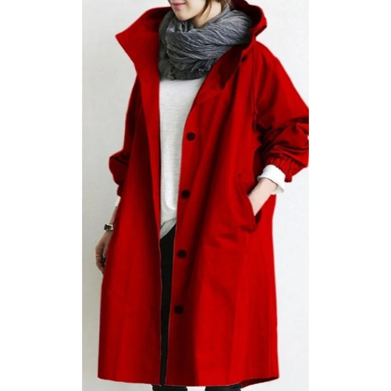 Plus Size British Style Vintage Pocket Hooded Long Sleeved Windbreaker Loose Coat Mid Length Jacket Casual Women Autumn Thin New