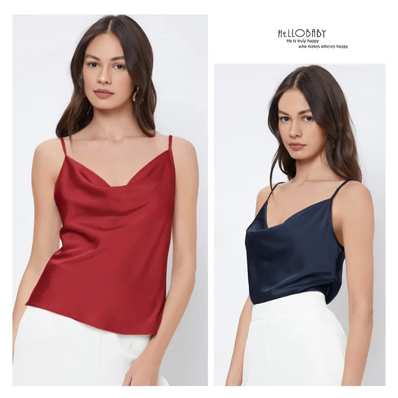 Suit with Imitation Silk Satin Sling Vest Inside, Women's Heap Collar Outside Sexy Bottoming, Swinging Collar Short Top