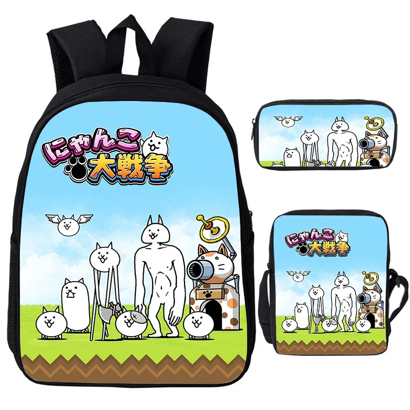 The Battle Cats Backpack Shoulder Bag Pen Bag 3pcs Set Cute Cartoon School Bags kids Boys Girls Softback Bookbag Laptop Backpack