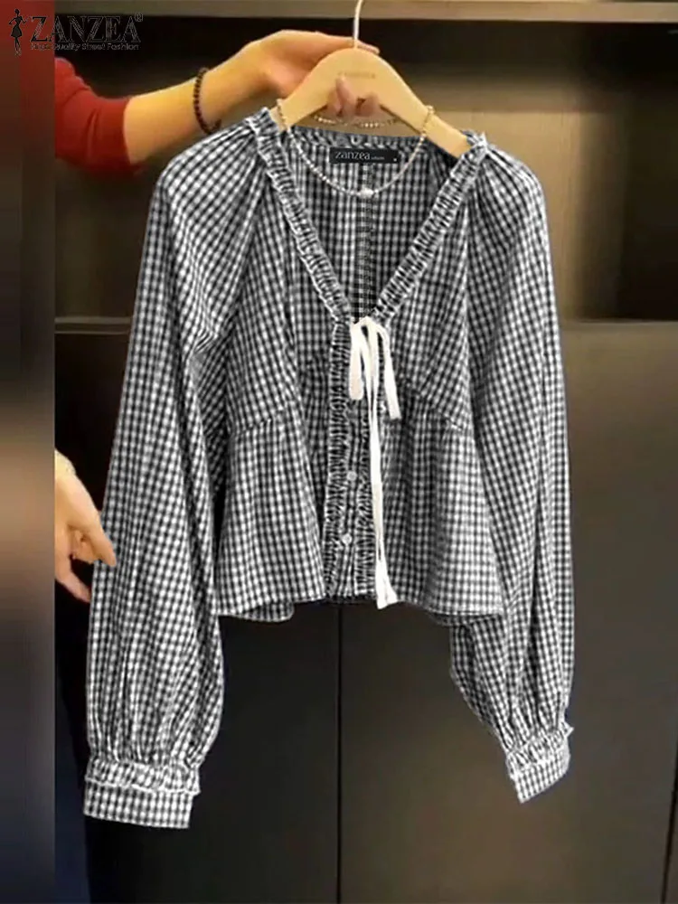ZANZEA-camisas informales de otoño para mujer, camisas elegantes con volantes y cuello en V, Tops abotonados de manga larga, ropa de mujer S-3XL en 3 colores