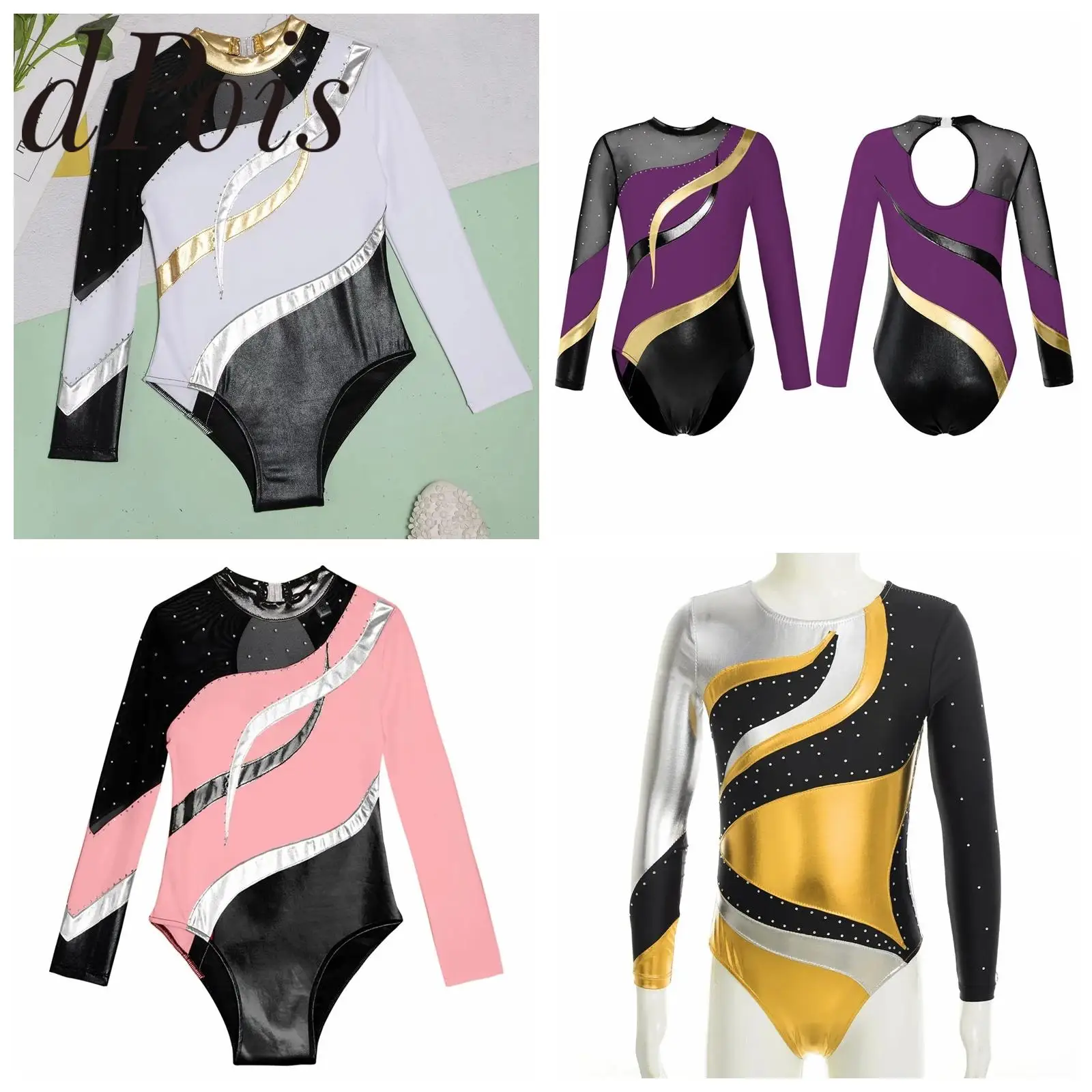 

Комбинезон для подростков, детский купальник для балета и танцев, гимнастические комбинезоны, танцевальная одежда металлик, детское боди для фигурного катания на коньках