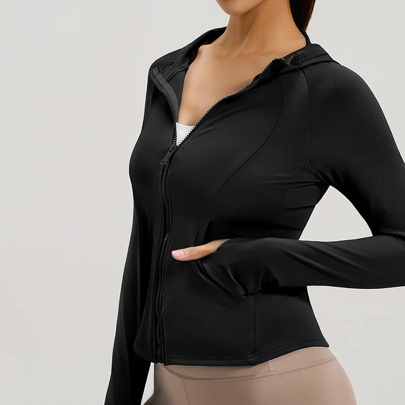 เสื้อแจ็คเก็ตมีฮู้ดสำหรับออกกำลังกายผู้หญิง ฤดูใบไม้ผลิ ฤดูใบไม้ร่วง มีซิป มีกระเป๋า เสื้อฮู้ดสำหรับปั่นจักรยาน ผู้หญิง วิ่งกลางแจ้ง ชุดกีฬาลำลอง ผู้หญิง