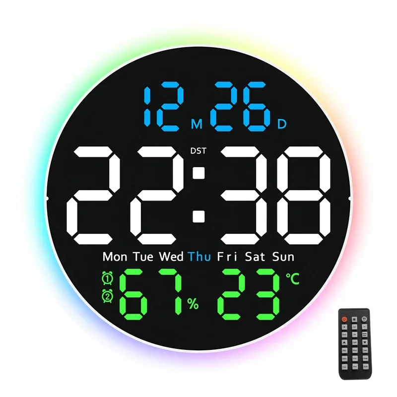 

10-Inch LED Ambient Light Wall Clock with Remote Control, Digital Alarm Clock with Temperature & Humidity Display, Timer & Date