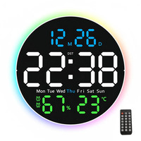 10-Inch LED Ambient Light Wall Clock with Remote Control, Digital Alarm Clock with Temperature & Humidity Display, Timer & Date